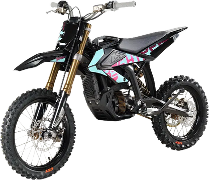 SUR-RON HyperBee Elektro-Dirtbike in Blau-Türkis – freigestellte Front-Seitenansicht