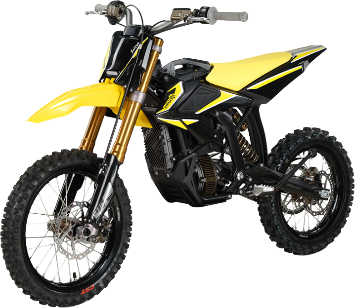 SUR-RON HyperBee Elektro-Dirtbike in Gelb – freigestellte Front-Seitenansicht
